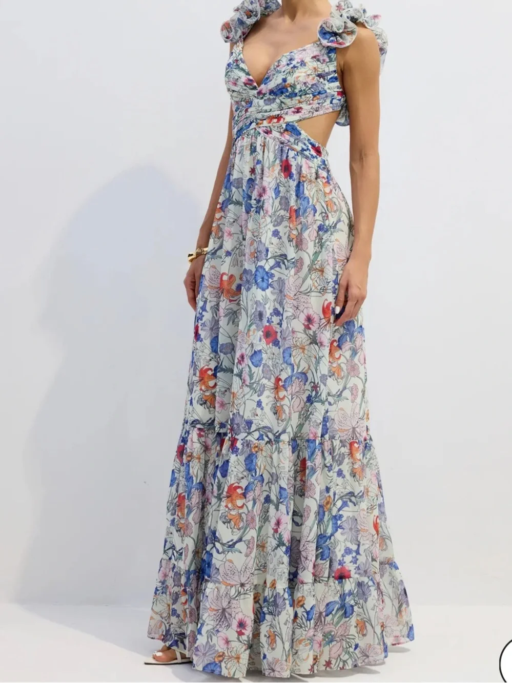 🆕 Marissa Cut-out Ruffle Floral Cutout Maxi Dress in White with Multicolor Print